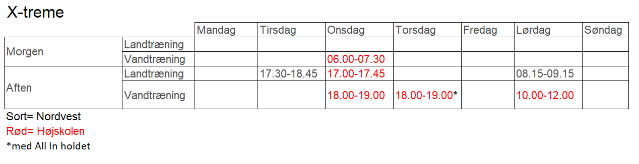 XT træningstider